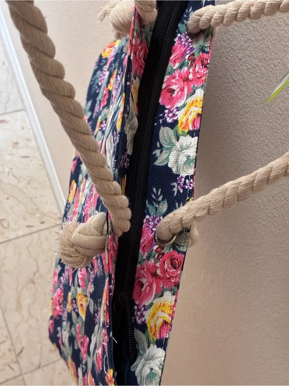 NWT Bali Floral Accent Tote Bag with Cream Rope Handles